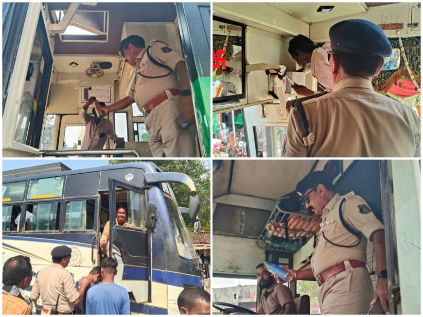 धमतरी पुलिस का सघन यातायात अभियान, यात्री बसों की सुरक्षा उपकरणों की गहन जांच