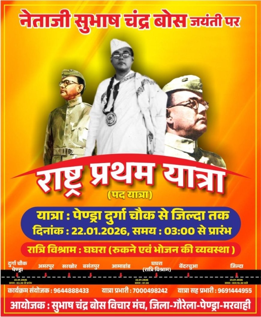 नेताजी सुभाष चंद्र बोस की जयंती पर ‘राष्ट्र प्रथम यात्रा’; पेंड्रा से जिल्दा तक निकलेगी ऐतिहासिक पदयात्रा