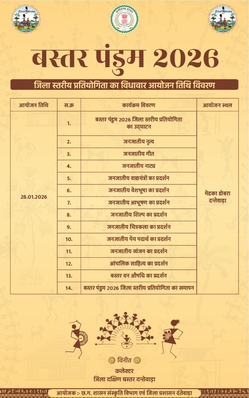 दंतेवाड़ा में 28 जनवरी को जिला स्तरीय बस्तर पंडुम 2026 का आयोजन, मेढका डोबरा में सुबह 10 बजे से होंगी प्रतियोगिताएं