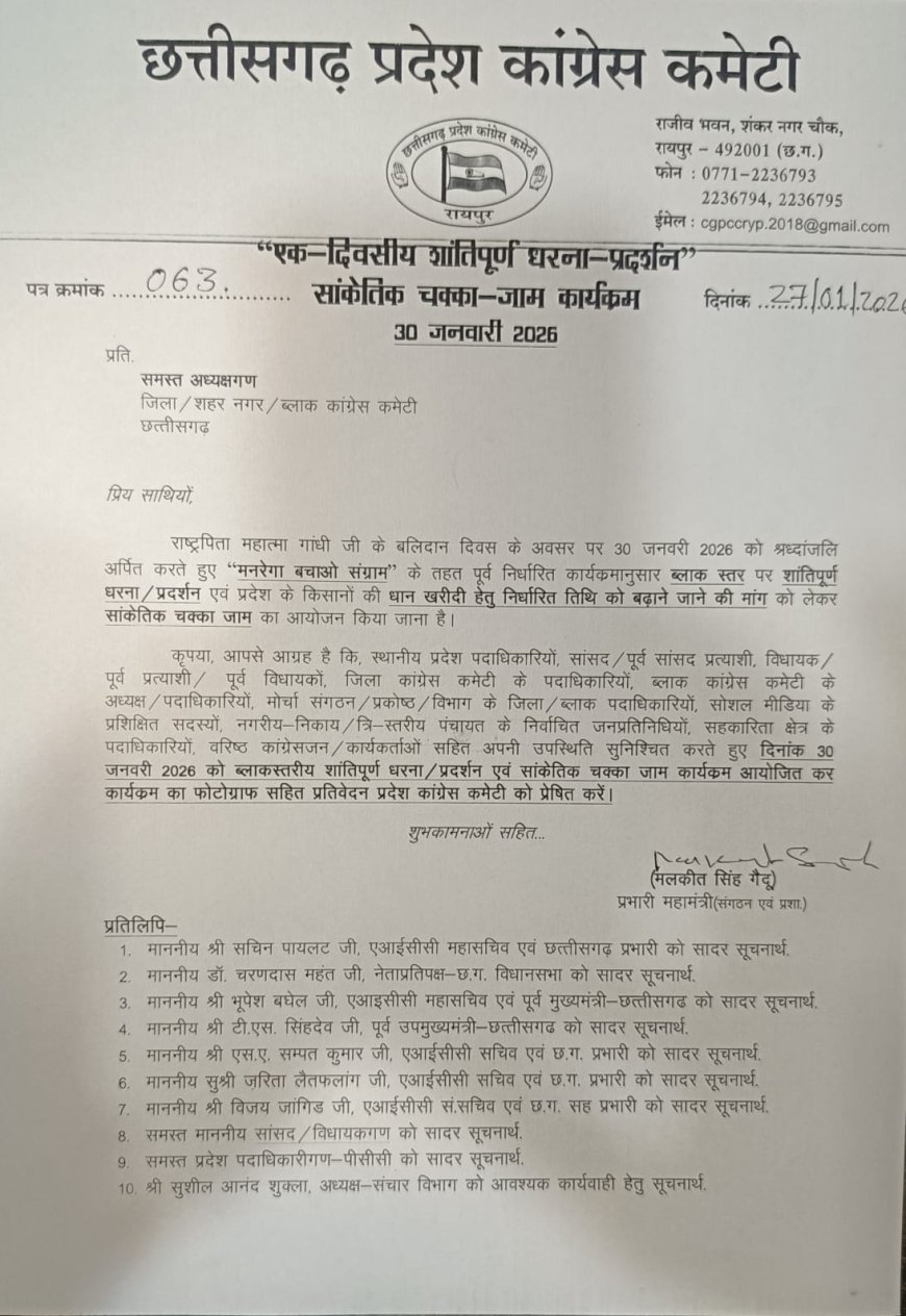 धान खरीदी को लेकर कांग्रेस का बड़ा आंदोलन, 30 जनवरी को बलरामपुर में सांकेतिक चक्का जाम