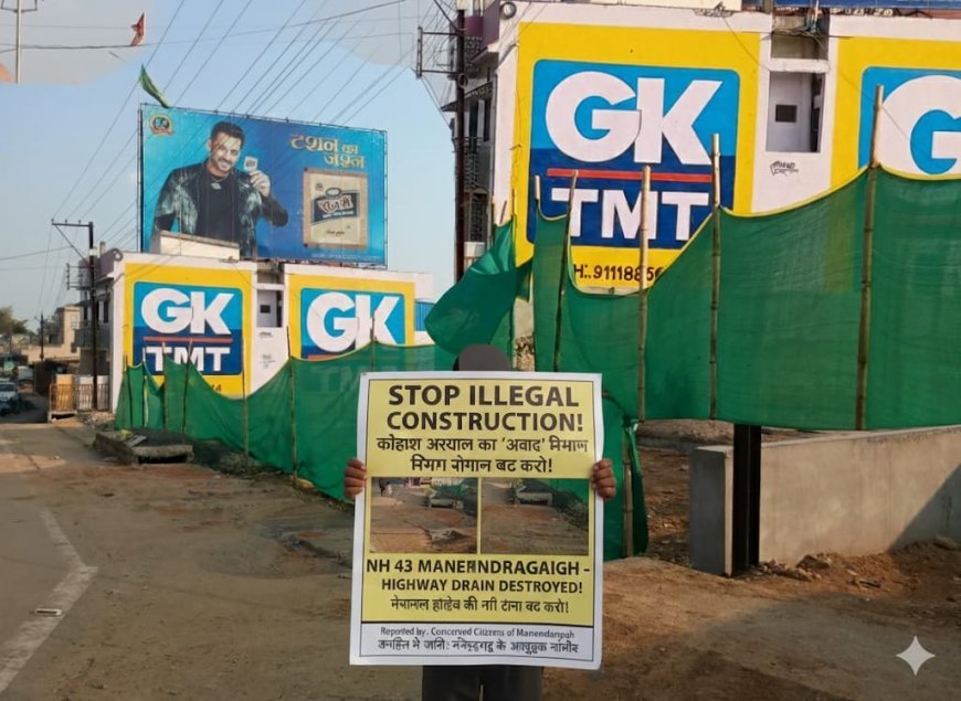 मनेन्द्रगढ़ में नियमों की उड़ी धज्जियाँ: NH-43 की नाली तोड़कर बसंत अग्रवाल का अवैध निर्माण, प्रशासन की चुप्पी पर उठे सवाल