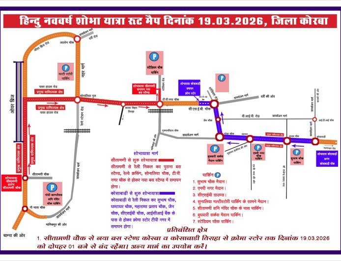 हिन्दू नववर्ष के मौके कोरबा में दोपहर 1 बजे से रात 12 बजे तक मुख्य मार्ग बंद, डायवर्जन लागू
