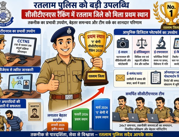 डिजिटल पुलिसिंग में रतलाम अव्वल: CCTNS रैंकिंग में ‘ए’ श्रेणी में पहला स्थान