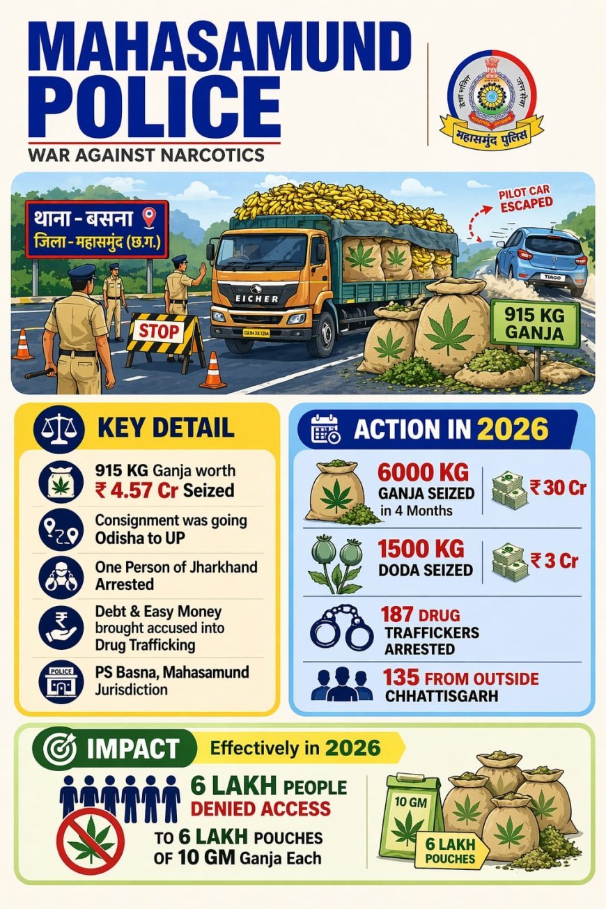 महासमुंद में 912 किलो गांजा जब्त, ऑपरेशन ‘निश्चय’ के तहत पुलिस की बड़ी कार्रवाई