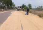 ओवरलोड भूसा गाड़ी का टायर फटा, घंटों उड़ते भूसे से राहगीर परेशान