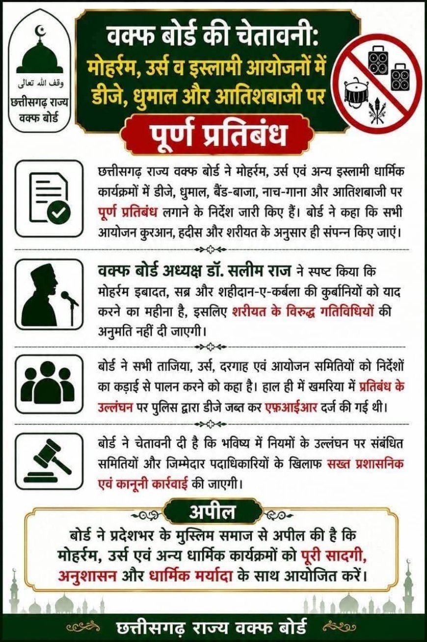 मोहर्रम और उर्स को लेकर वक्फ बोर्ड का सख्त निर्देश, डीजे और नाच-गाने पर रोक