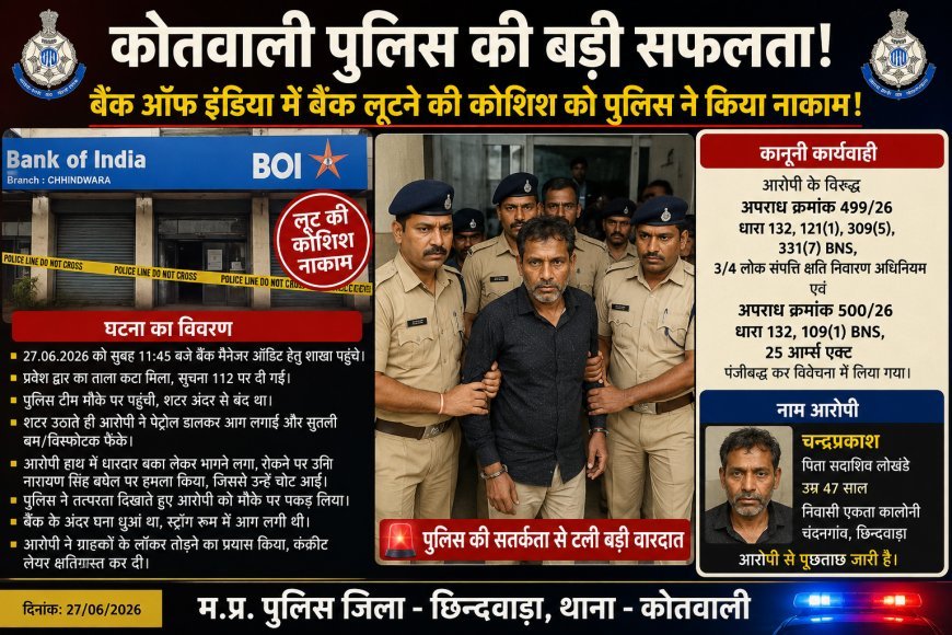 छिंदवाड़ा में बैंक लूट की कोशिश नाकाम, पुलिस ने आरोपी को मौके पर दबोचा