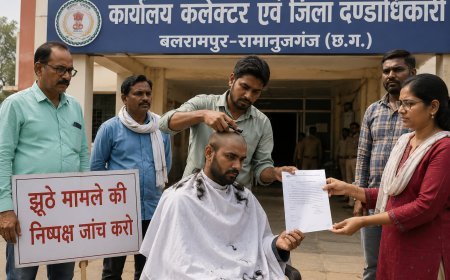 बलरामपुर में युवक ने कलेक्टर कार्यालय के सामने कराया मुंडन, निष्पक्ष जांच की मांग को लेकर सौंपा ज्ञापन