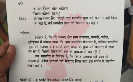 स्थानीय युवाओं को रोजगार नहीं मिलने पर जनपद सदस्य ने कलेक्टर से हस्तक्षेप की मांग, कोरबा पावर लिमिटेड पर उपेक्षा का आरोप