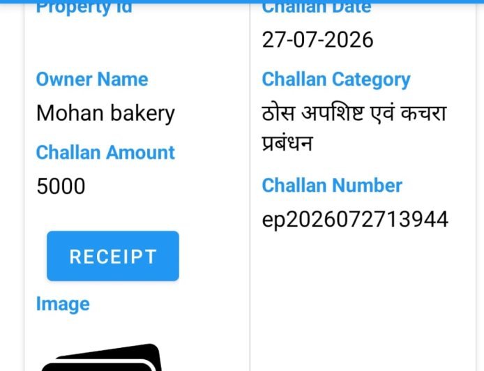 गंदगी मिलने पर नगर निगम की कार्रवाई, मोहन बेकरी संचालक पर 5 हजार रुपये का ई-चालान