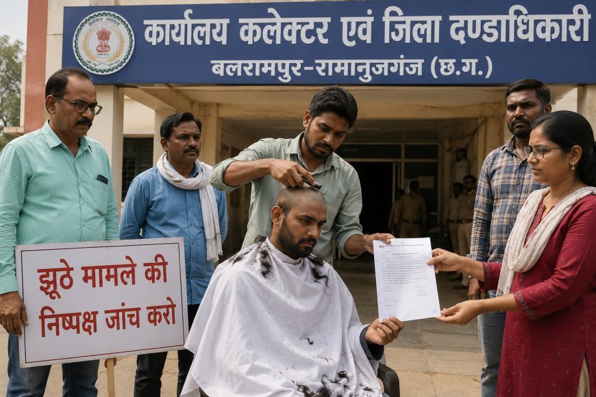बलरामपुर में युवक ने कलेक्टर कार्यालय के सामने कराया मुंडन, निष्पक्ष जांच की मांग को लेकर सौंपा ज्ञापन