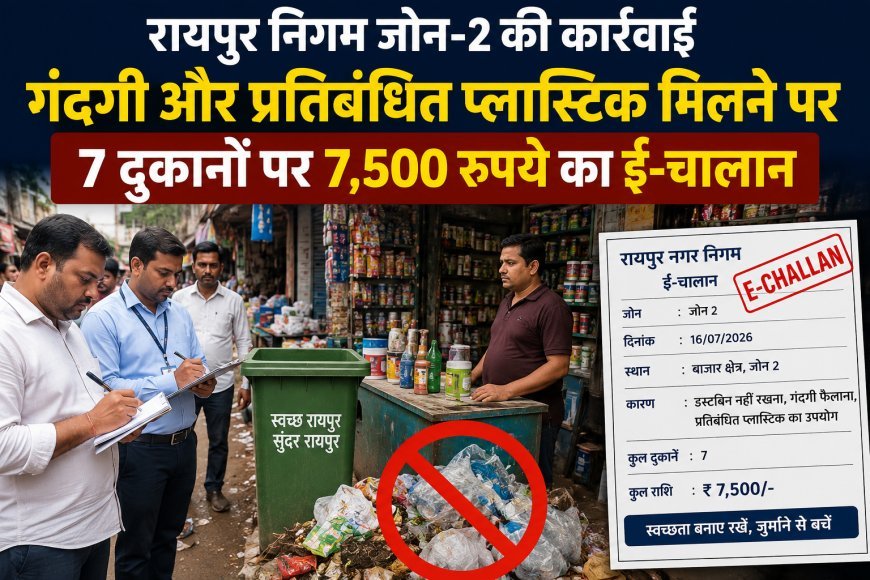 रायपुर निगम जोन-2 की कार्रवाई, गंदगी और प्रतिबंधित प्लास्टिक मिलने पर 7 दुकानों पर 7,500 रुपये का ई-चालान