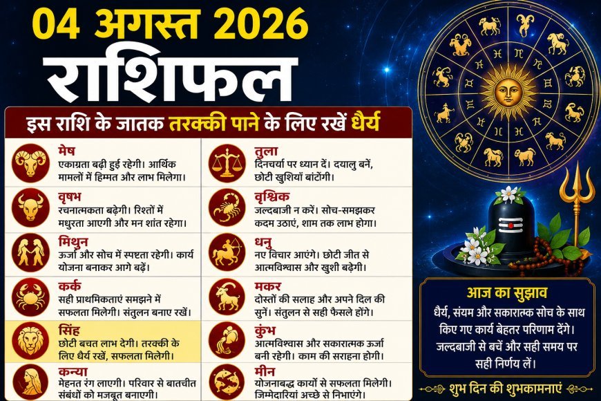 04 अगस्त 2026 राशिफल: सिंह राशि के जातक तरक्की के लिए रखें धैर्य, जानें सभी 12 राशियों का हाल