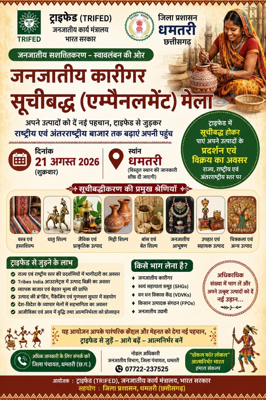 धमतरी में 21 अगस्त को जनजातीय कारीगर एम्पैनलमेंट मेला, राष्ट्रीय-अंतरराष्ट्रीय बाजार से जुड़ने का अवसर