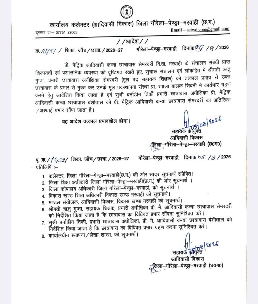 छात्राओं की शिकायत पर सेमरदर्री कन्या छात्रावास की अधीक्षिका हटाई गईं, जांच में आरोपों की पुष्टि