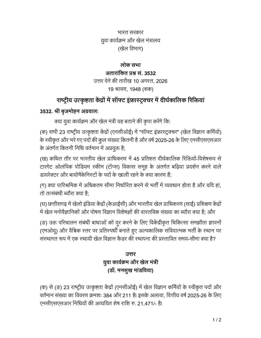 छत्तीसगढ़ के खिलाड़ियों को विश्वस्तरीय Sports Science Support दिलाने की पहल, बृजमोहन अग्रवाल ने लोकसभा में उठाया मुद्दा