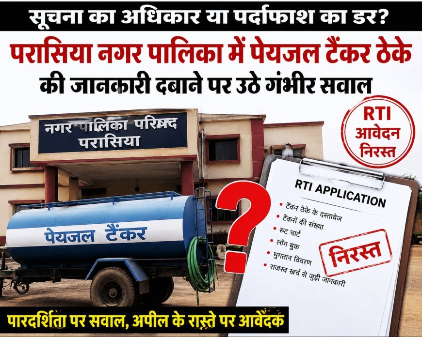 परासिया नगर पालिका में पेयजल टैंकर ठेके की जानकारी पर सवाल, RTI आवेदन निरस्त होने से पारदर्शिता को लेकर उठे गंभीर प्रश्न