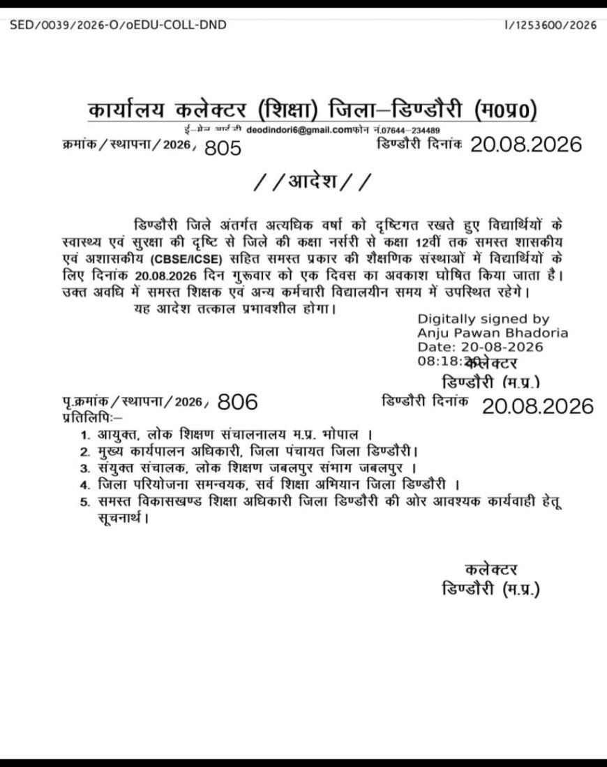 डिंडोरी में भारी बारिश के चलते नर्सरी से 12वीं तक सभी स्कूल बंद, कलेक्टर ने जारी किया आदेश