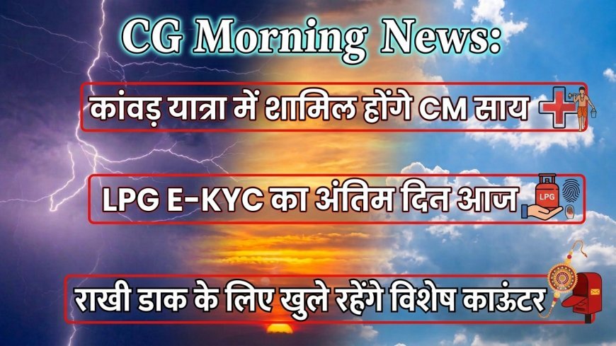 CG Morning News: कांवड़ यात्रा में शामिल होंगे CM साय, LPG E-KYC का अंतिम दिन आज, राखी डाक के लिए खुले रहेंगे विशेष काउंटर