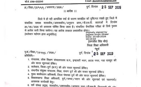 भारी बारिश के चलते दुर्ग जिले के सभी स्कूलों में 26 सितंबर को अवकाश घोषित