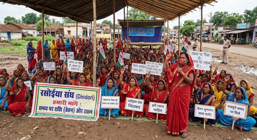 डिंडोरी में रसोइया संघ की महिलाओं का धरना, समय पर राशि और राशन देने की मांग