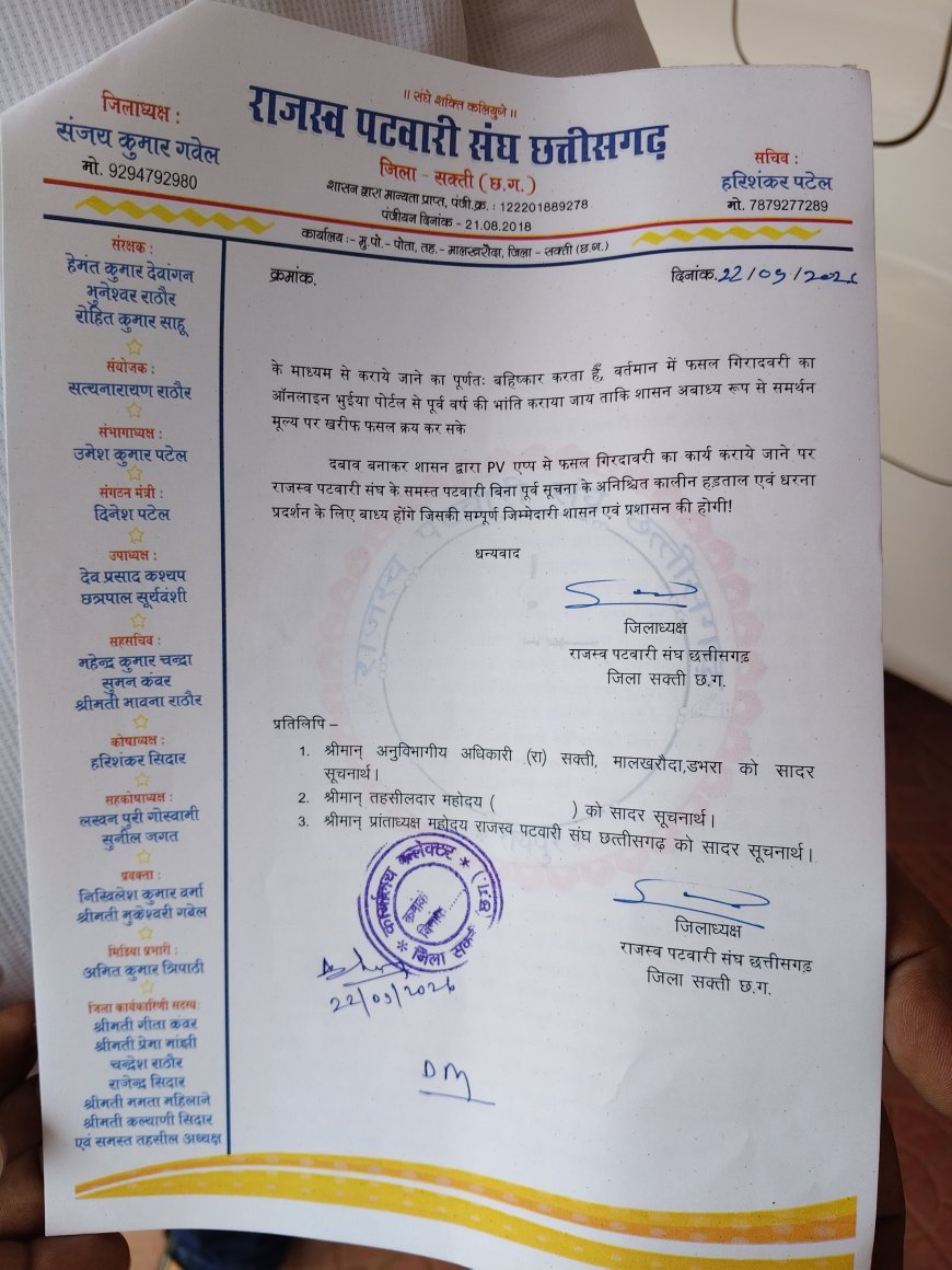 सक्ती में फसल गिरदावरी को लेकर राजस्व पटवारियों ने उठाई आवाज, पीवी ऐप के निर्देश पर जताई व्यावहारिक दिक्कतें