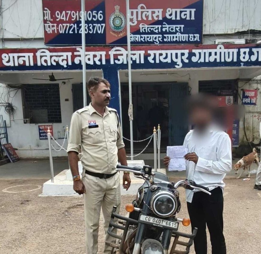 मोडिफाइड साइलेंसर वाली बुलेट पर तिल्दा-नेवरा पुलिस की कार्रवाई, 5 हजार का चालान