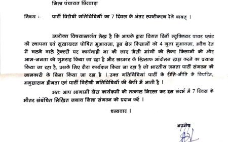 छिंदवाड़ा में भाजपा जिलाध्यक्ष शेषराव यादव ने जिला पंचायत उपाध्यक्ष अमित सक्सेना को जारी किया कारण बताओ नोटिस, 7 दिन में मांगा जवाब
