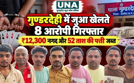 गुण्डरदेही में जुआ खेलते 8 आरोपी गिरफ्तार, ₹12,300 नगद और 52 ताश की पत्ती जब्त