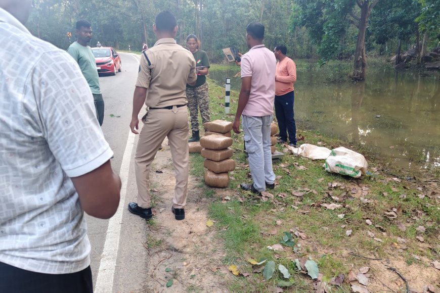 गरियाबंद में 60 किलो गांजा बरामद, बैरिकेड तोड़कर भागी कार गड्ढे में घुसी; तस्कर फरार