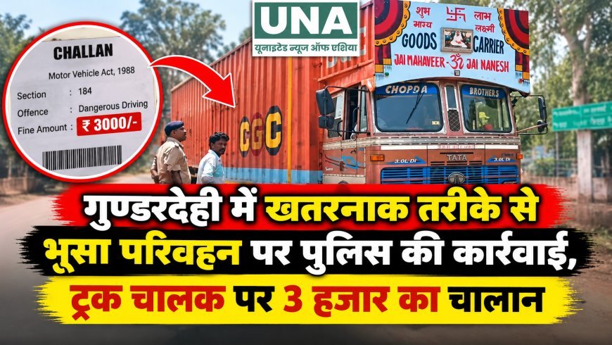 गुण्डरदेही में खतरनाक तरीके से भूसा परिवहन पर पुलिस की कार्रवाई, ट्रक चालक पर 3 हजार का चालान