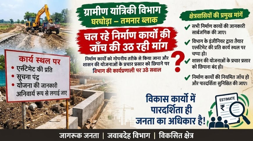 रायगढ़: घरघोड़ा-तमनार में ग्रामीण यांत्रिकी विभाग के निर्माण कार्यों की जांच की मांग, एस्टिमेट सार्वजनिक करने की उठी आवाज