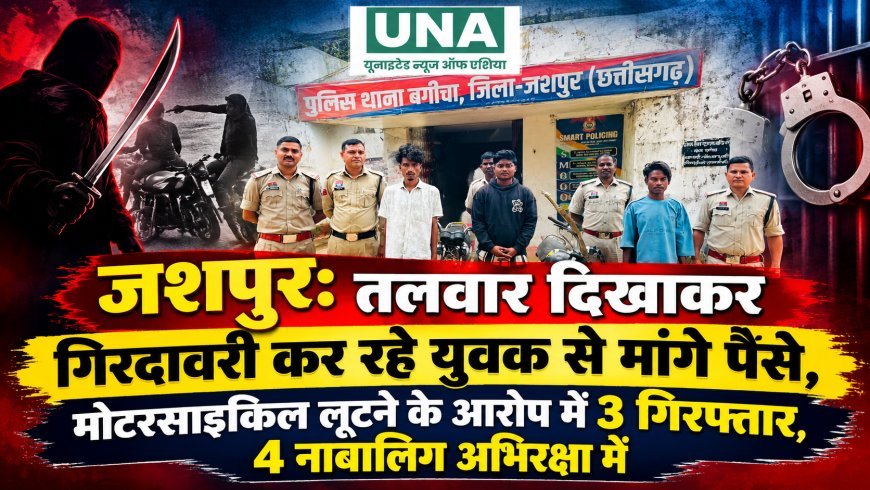 जशपुर: तलवार दिखाकर गिरदावरी कर रहे युवक से मांगे पैसे, मोटरसाइकिल लूटने के आरोप में 3 गिरफ्तार, 4 नाबालिग अभिरक्षा में